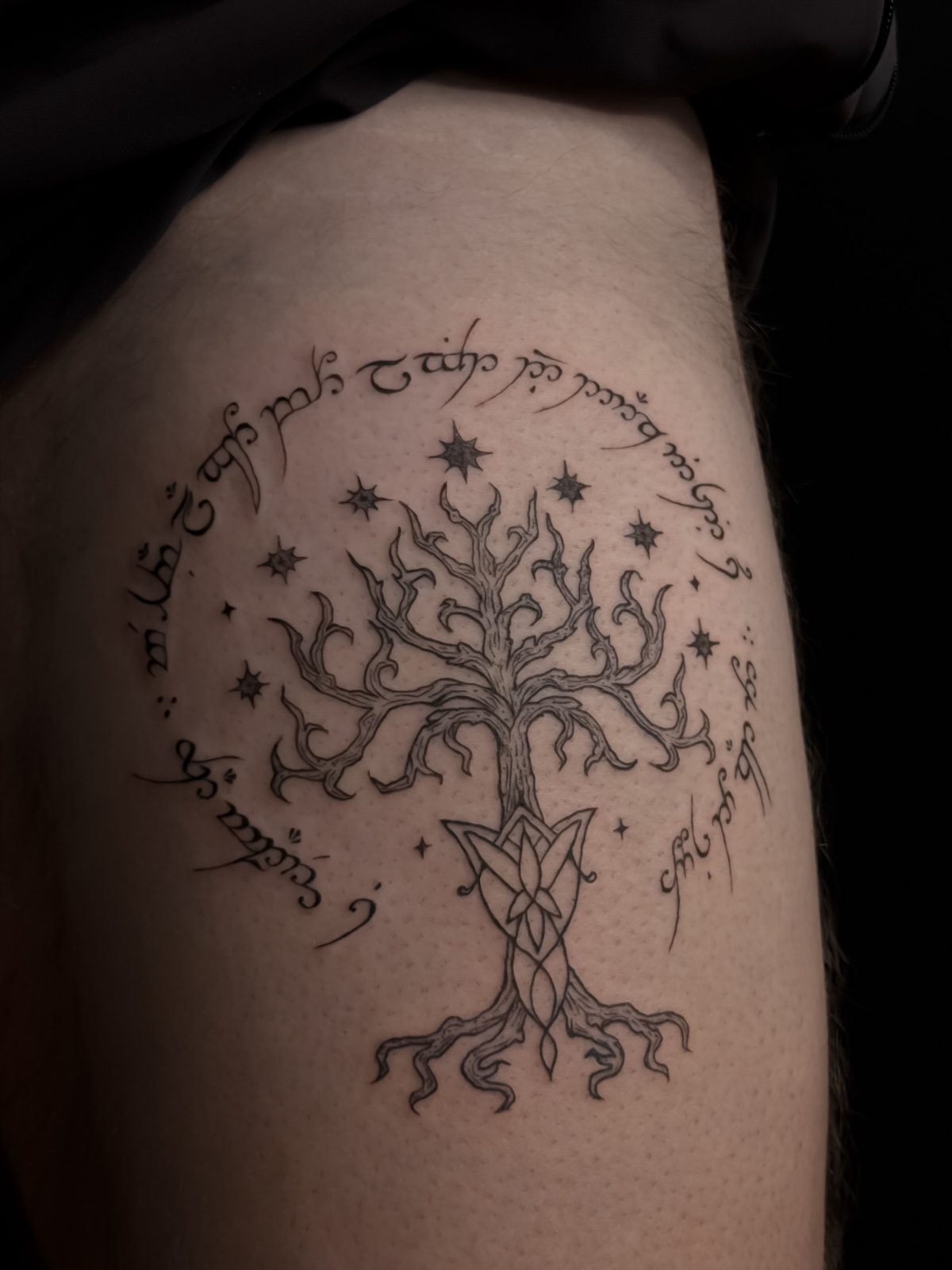 Tree of Gondor inspired fine-line tattoo